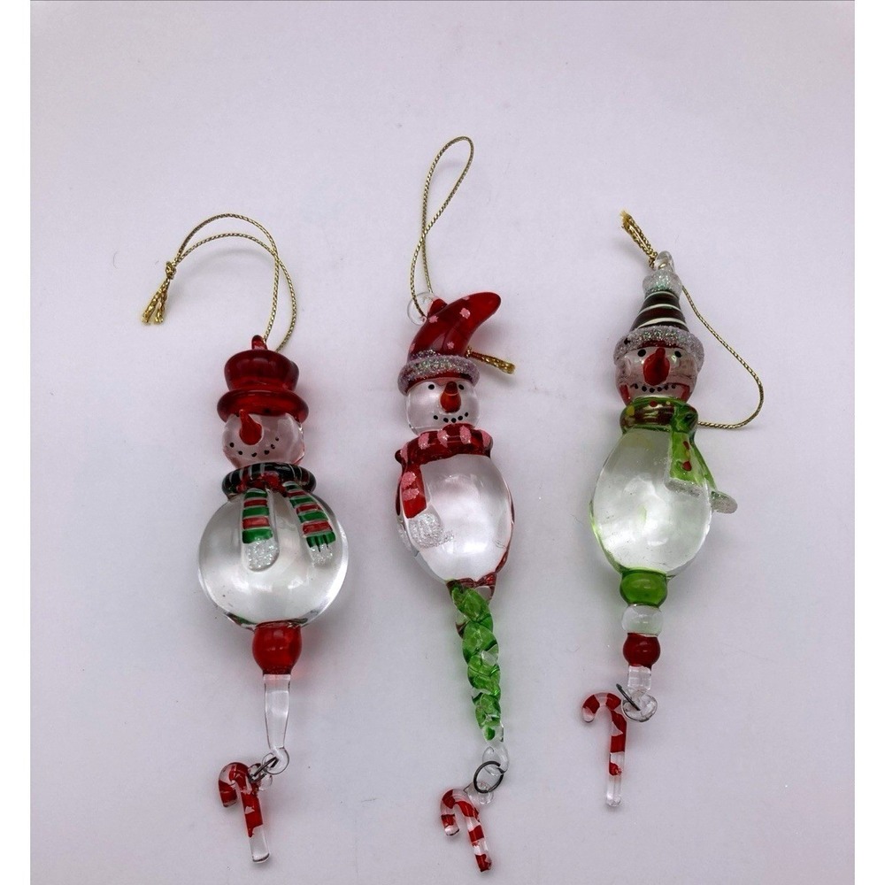 Set Of 3 Kirkland's Hand Blown Cheerful  Christmas Snowmen Ornaments New
